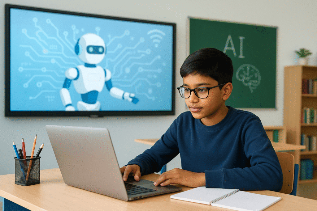 Student in modern classroom learning Artificial Intelligence with digital tools and AI visuals on screen — future of AI education in India