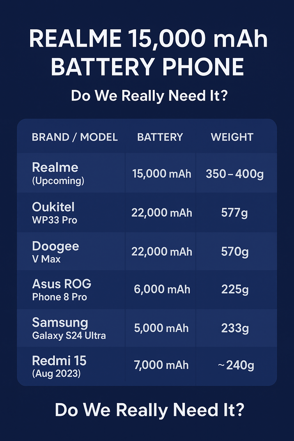 Comparison infographic of Realme 15000mAh battery smartphone vs current large battery phones