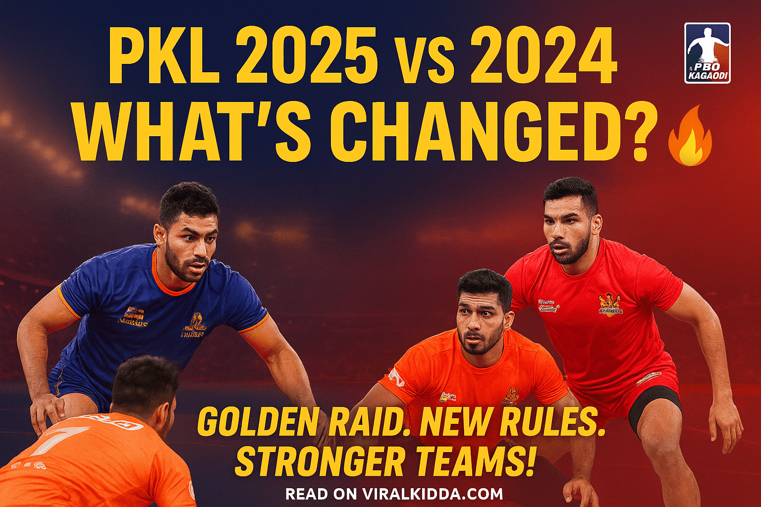 PKL 2025 vs 2024 comparison poster highlighting Golden Raid, new rules, and stronger teams with kabaddi players in action