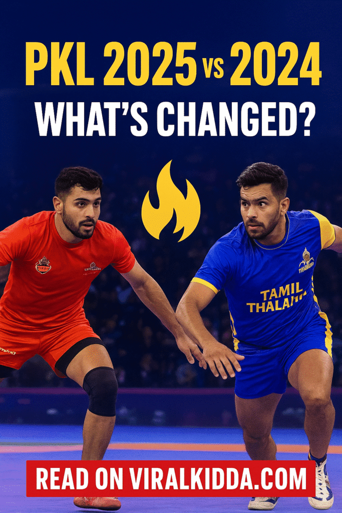 PKL 2025 vs 2024 comparison graphic with kabaddi players from Gujarat Giants and Tamil Thalaivas in action, highlighting season changes