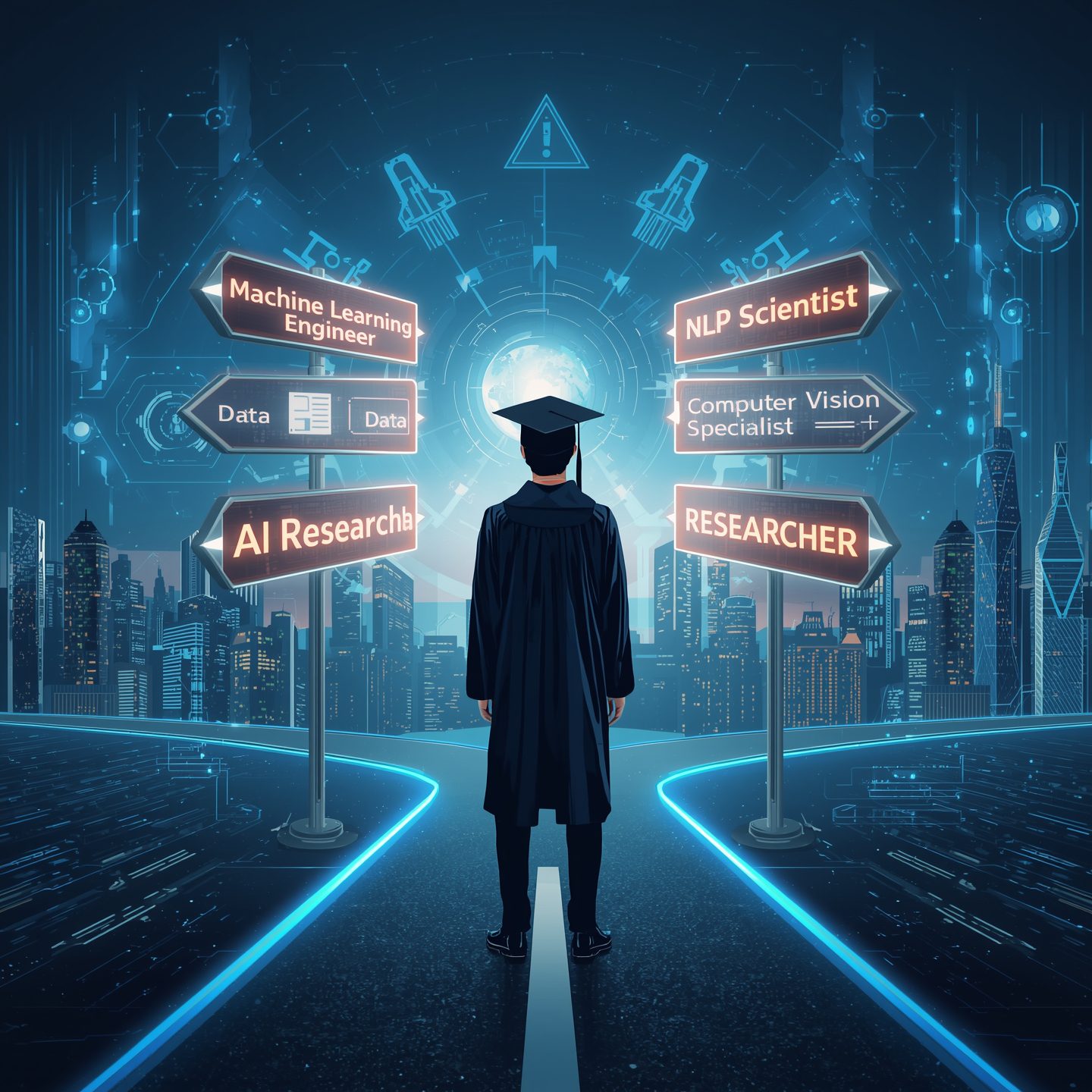 Manoj Tumu inspired journey into Artificial Intelligence showing a graduate at crossroads with career opportunities like Machine Learning Engineer, Data Scientist, NLP Scientist, Computer Vision Specialist, and AI Researcher after Master’s in AI