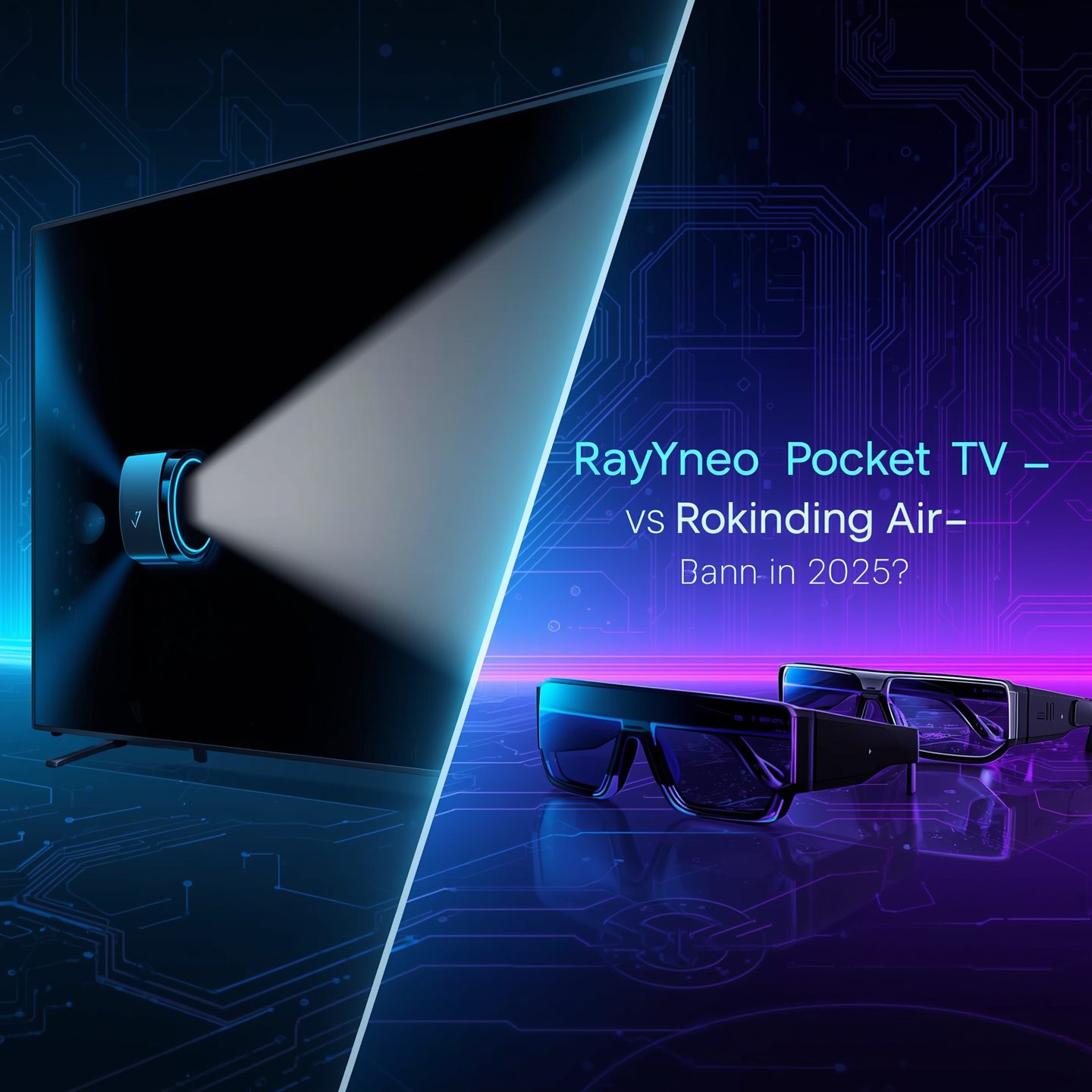 RayNeo Pocket TV projecting a large screen compared with futuristic AR glasses like Rokid Air, Xreal, and RayNeo Air 3S in 2025.