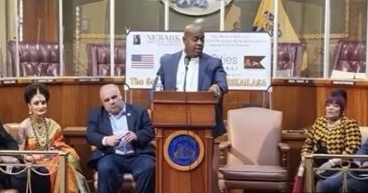 Newark city officials during the 2023 sister-city agreement event with representatives of the self-proclaimed United States of Kailasa.