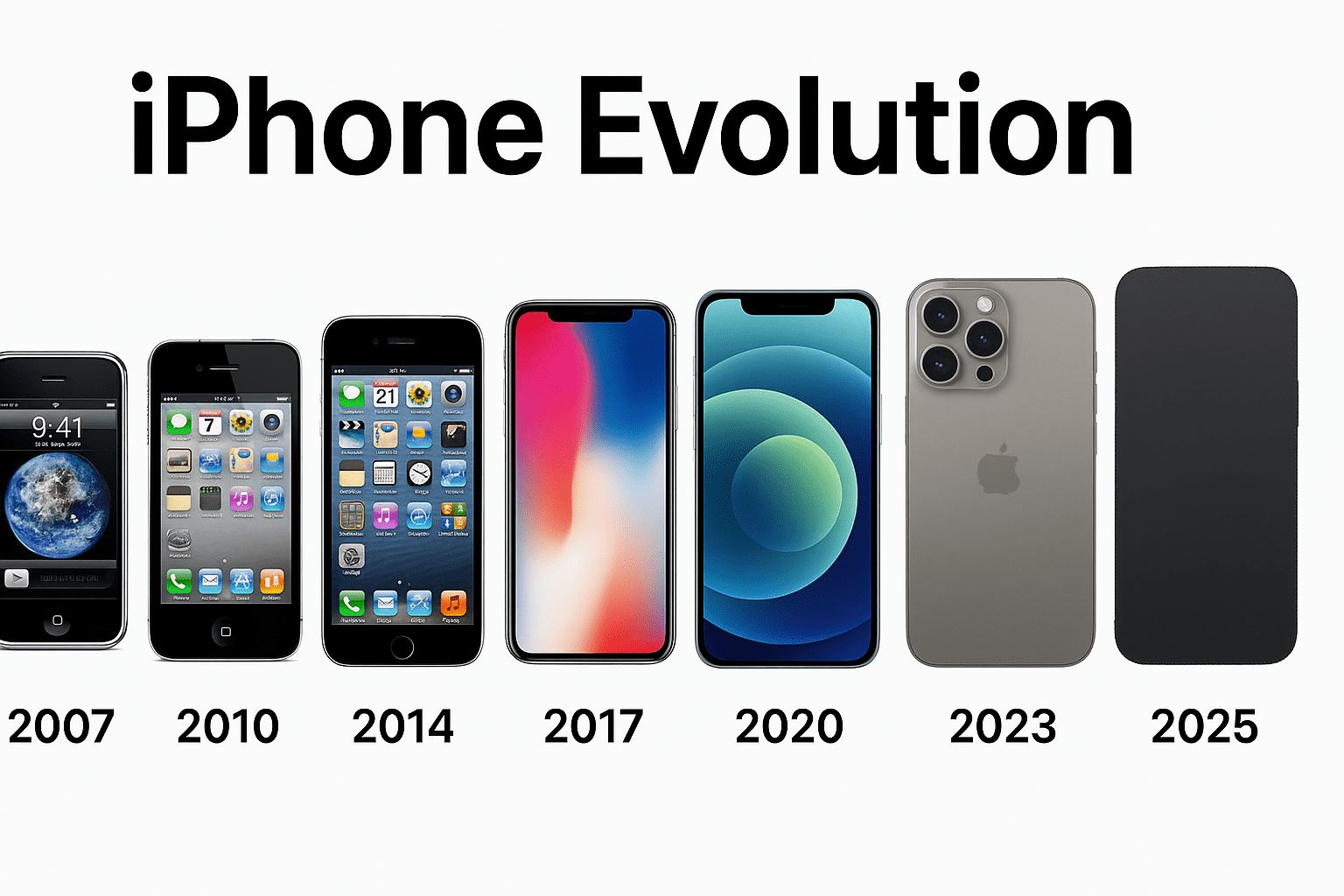 A digital collage showing the evolution of Apple iPhones from the first iPhone in 2007 to the upcoming iPhone 17 in 2025, highlighting major design changes over the years