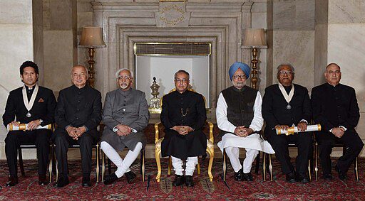 Prof. C.N.R. Rao and Sachin Tendulkar receiving Bharat Ratna award from President Pranab Mukherjee in 2014 ceremony