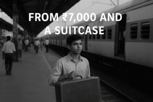 A young Indian man with a suitcase standing on a crowded Mumbai train platform, symbolizing Anil Agarwal Success Story humble beginnings with just ₹7,000.