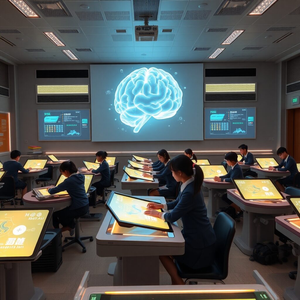 AI integrated school क्लासरूम जहाँ छात्र एआई-पावर्ड टचस्क्रीन डेस्क और 3D डिजिटल ब्रेन डिस्प्ले के साथ पढ़ाई कर रहे हैं।