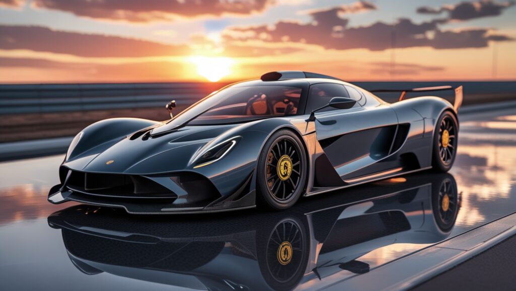 Rear view of Lanzante 95-59 hypercar showcasing aerodynamic curves, futuristic design, and glossy finish.