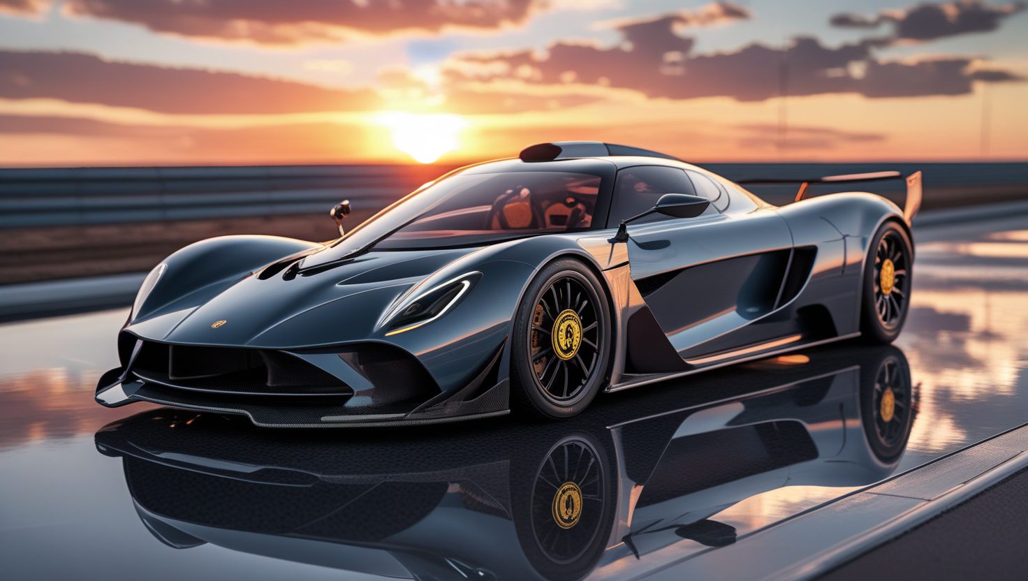 Rear view of Lanzante 95-59 hypercar showcasing aerodynamic curves, futuristic design, and glossy finish.