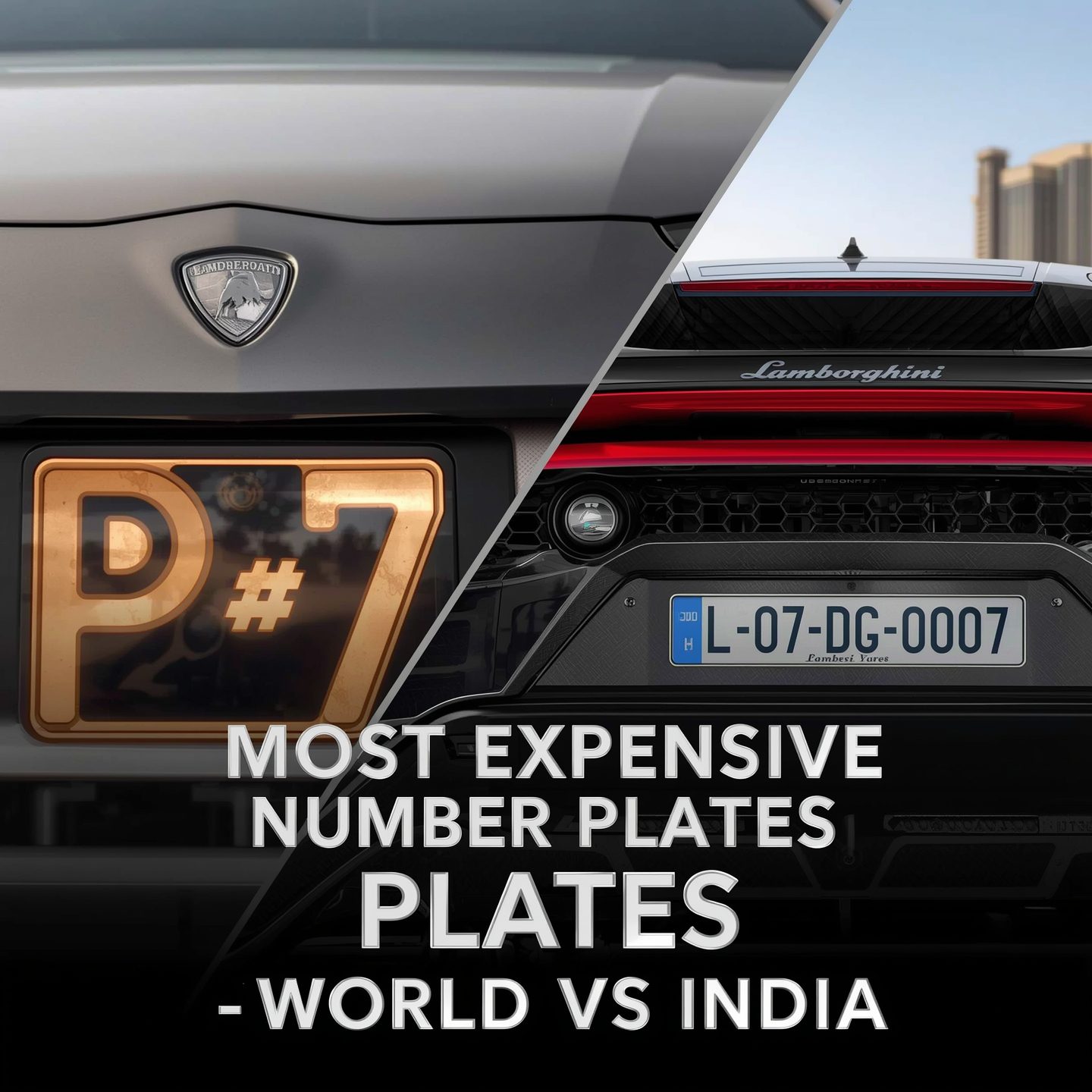 Split thumbnail showing Dubai’s golden “P-7” number plate and India’s KL-07-DG-0007 Lamborghini plate, highlighting the costliest Most Expensive number plates in the world vs India & HSRP