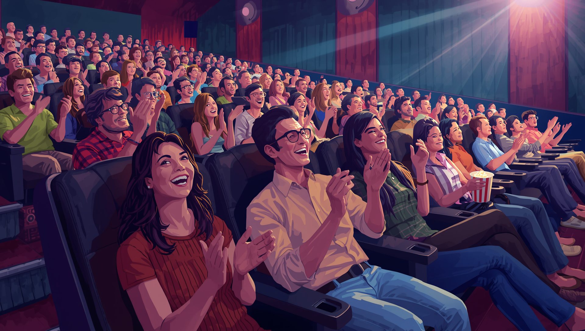 jolly-3Excited audience laughing and clapping inside a packed movie theater during a comedy film screening