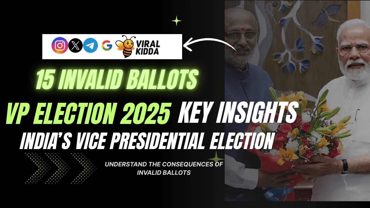 Digital thumbnail design highlighting 15 invalid ballots in India’s Vice Presidential Election 2025, featuring bold text, Viral Kidda branding, and symbolic election imagery