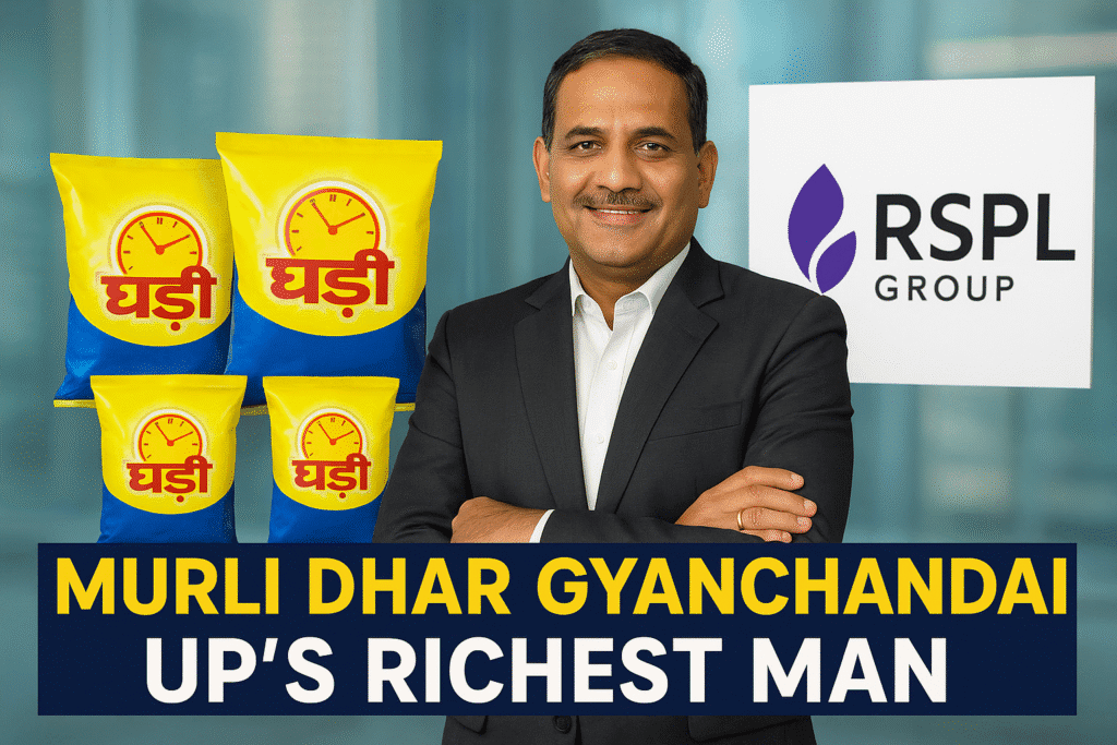 Murli Dhar Gyanchandani founder of Ghadi Detergent and RSPL Group, UP’s richest man standing with Ghadi detergent packets and RSPL logo.