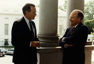 President George H. W. Bush and Dick Cheney on the steps of the Old Executive Office Building in 1991