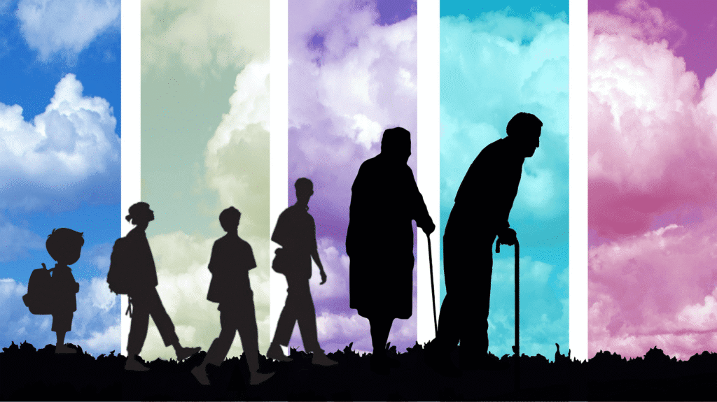 Life stages from childhood to retirement shown in silhouettes – representing changing US retirement age in 2025.”