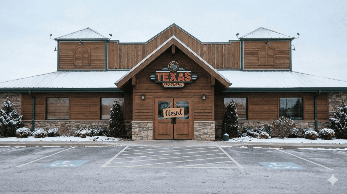Texas Roadhouse restaurant closed on Christmas Day 2025, exterior view with closed sign and empty parking lot during winter