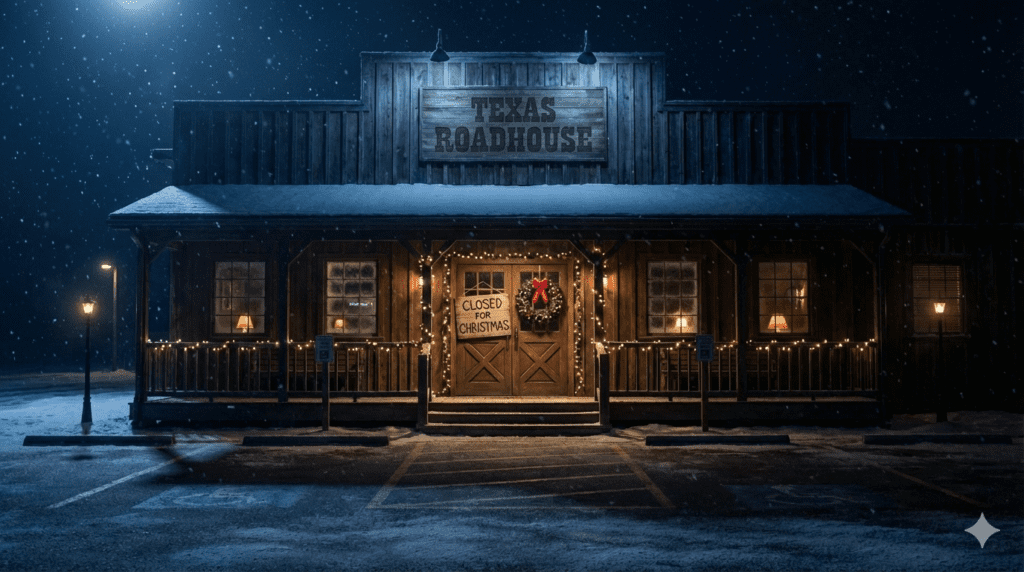 Texas Roadhouse closed for Christmas Day at night with holiday lights, snowfall, and ‘Closed for Christmas’ sign displayed
