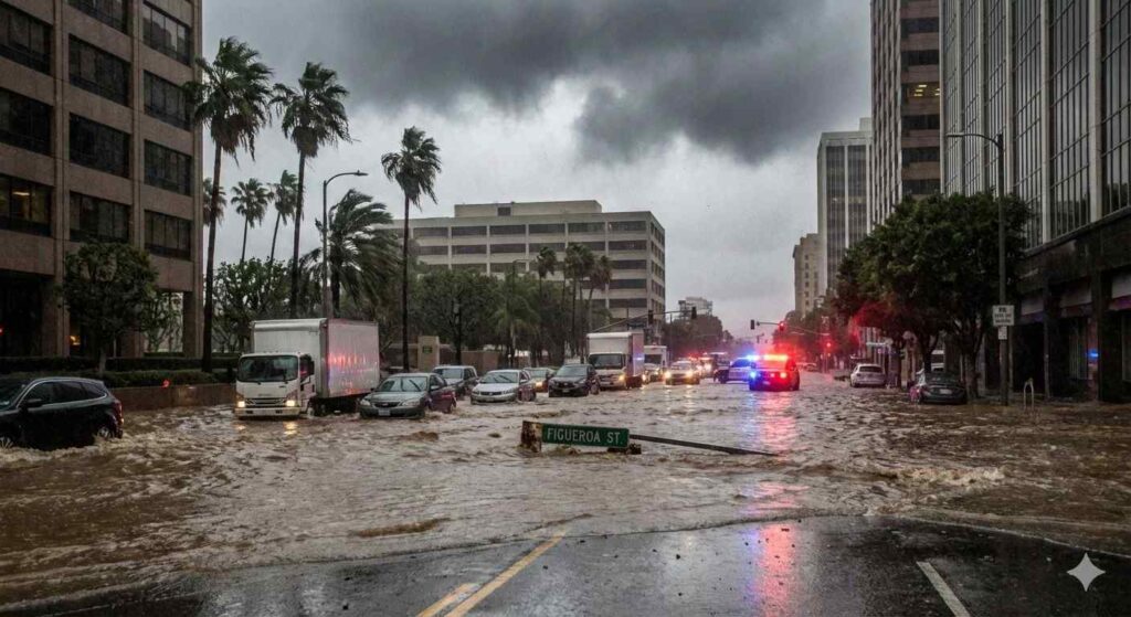 Severe flooding submerges a major city street in the United States as the Pineapple Express atmospheric river triggers heavy rain, stranded vehicles, and emergency response activity.