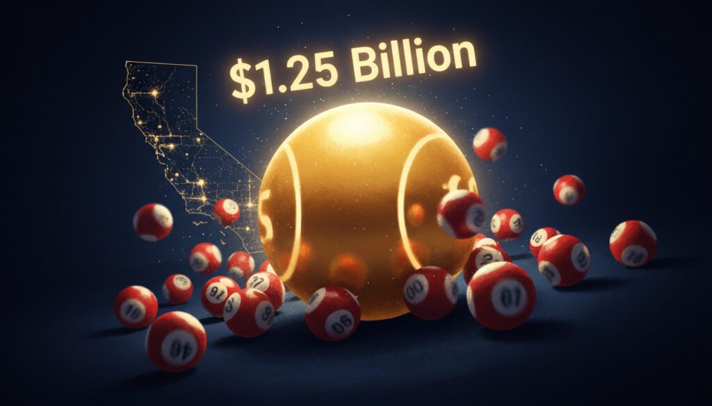 Dramatic illustration of a historic $1.25 billion Powerball jackpot with glowing golden lottery ball and blurred red and white balls, California theme in the background