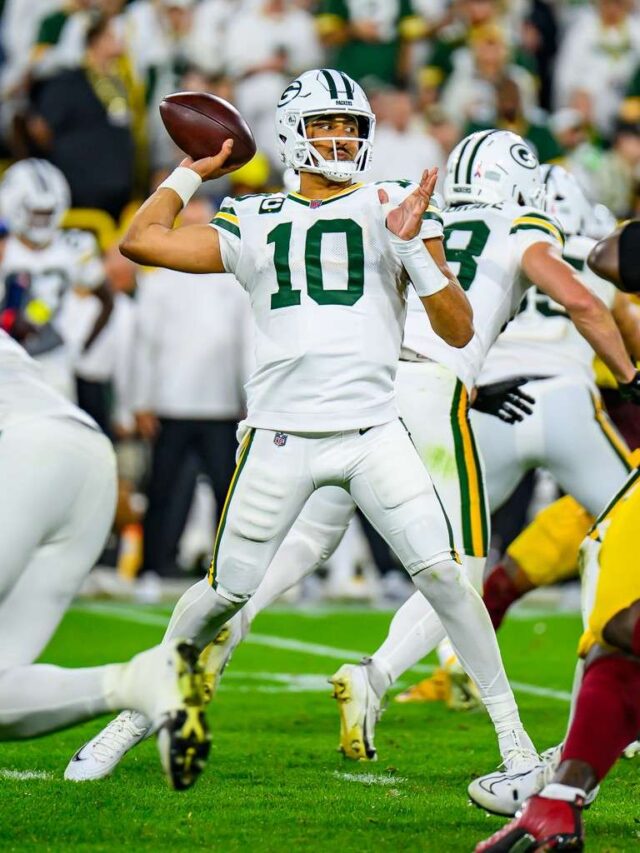 Jordan Love of the Green Bay Packers drops back to pass against the Washington Commanders at Lambeau Field during the 2025 NFL season