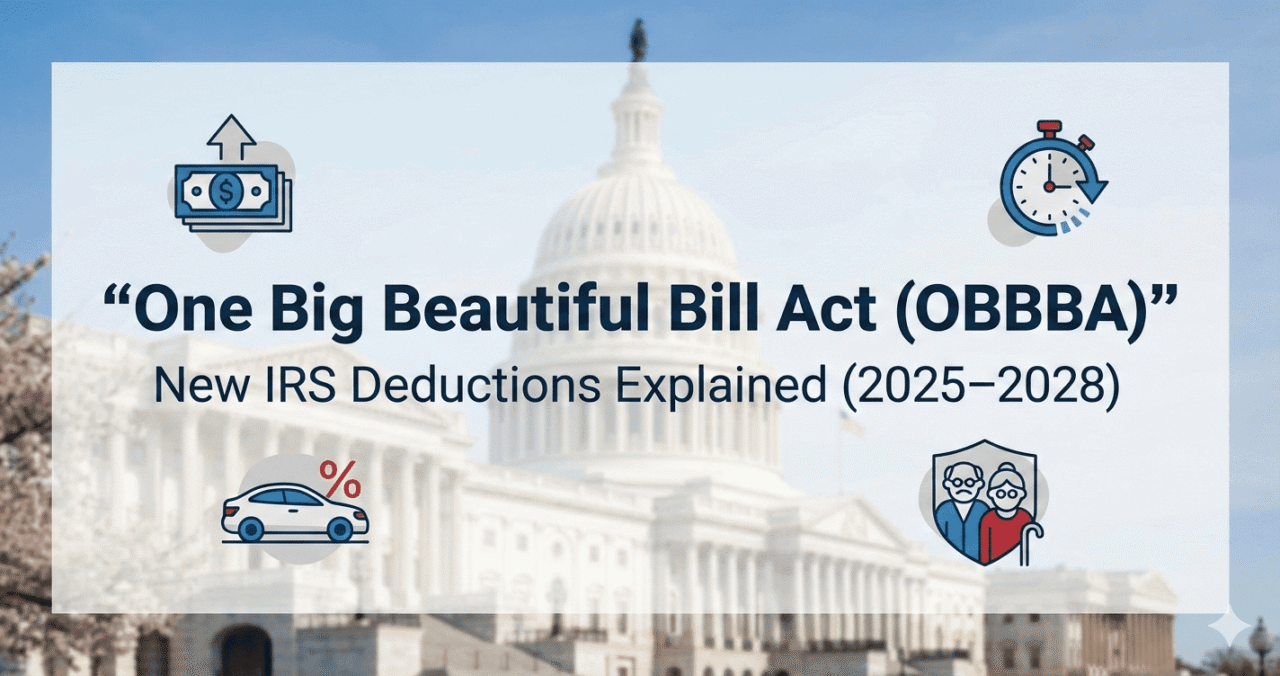 One Big Beautiful Bill Act (OBBBA) IRS tax deductions explained hero image with U.S. Capitol background and deduction icons