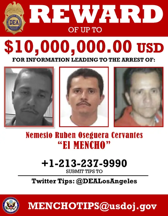 Reward poster issued by the United States Department of State offering $15 million for CJNG leader El Mencho