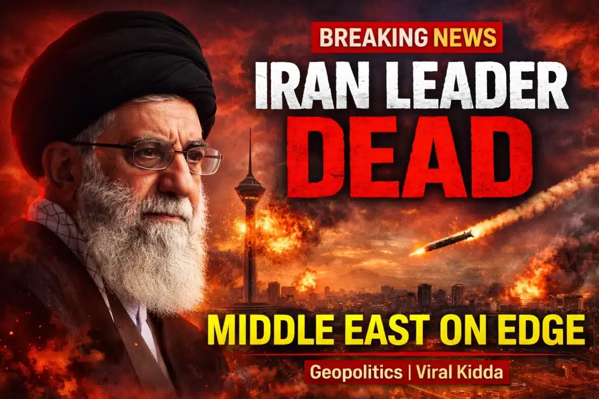 Iran's Supreme Leader Ayatollah Ali Khamenei shown against Tehran explosion background after reported US-Israel strike triggering Middle East geopolitical crisis