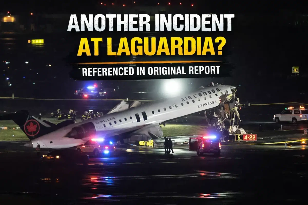 Air Canada Express plane accident scene at LaGuardia Airport with emergency response vehicles at night