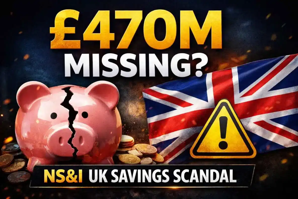 UK financial scandal concept showing £470M missing savings from NS&I, cracked piggy bank, UK flag background, and warning symbol representing government compensation issue.