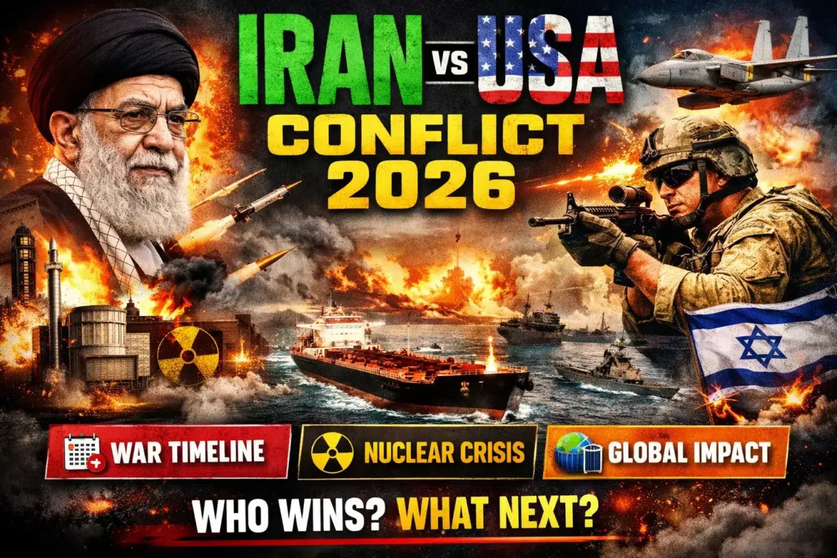 Iran conflict with US 2026 infographic showing war timeline, missile strikes, oil crisis and global geopolitical impact