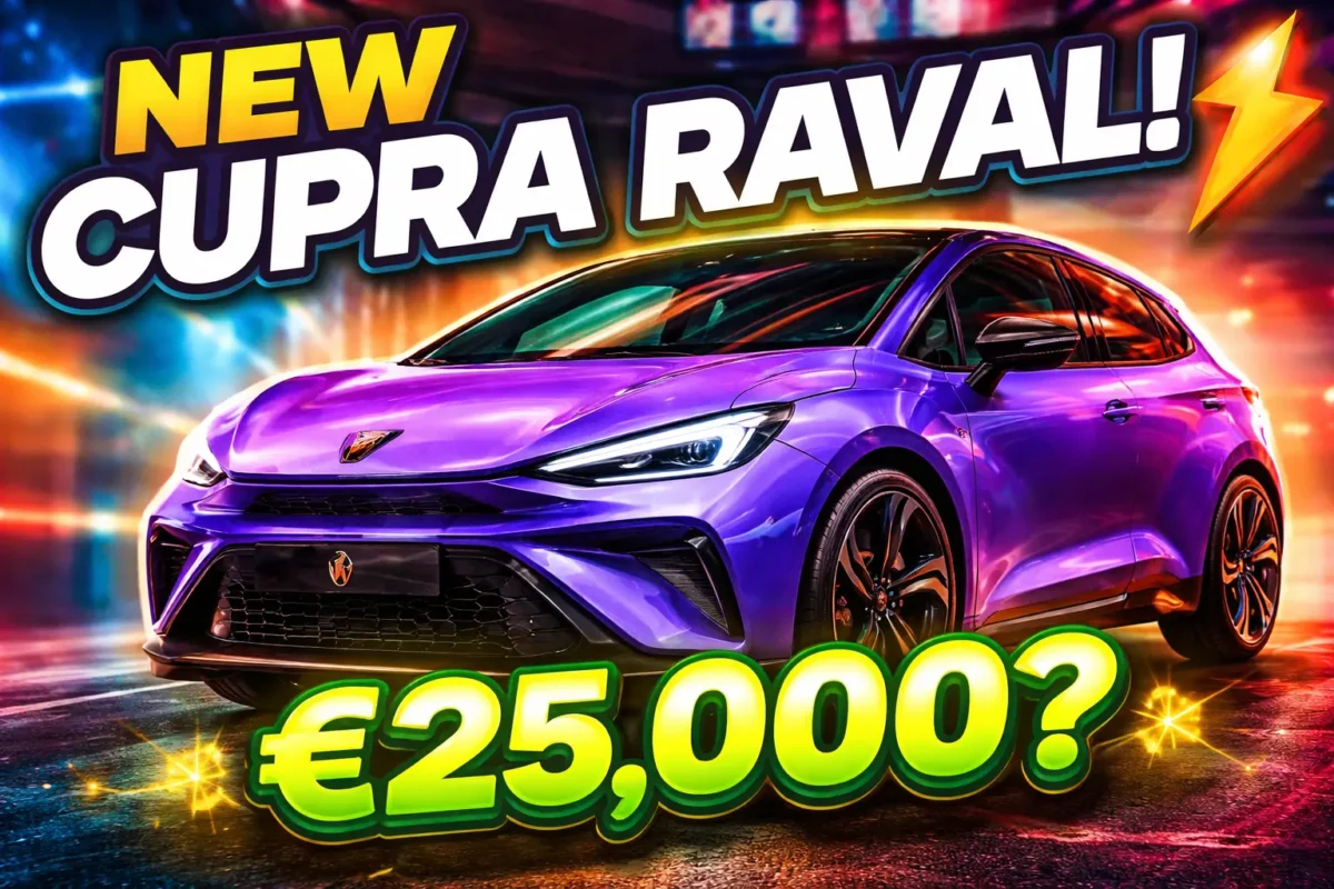 Affordable Cupra Raval electric car 2026 viral thumbnail concept with neon background
