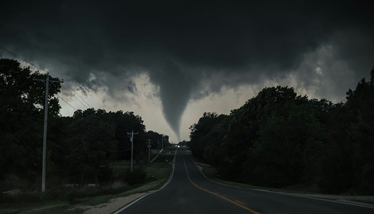 Large tornadoes funnel cloud forming over a rural road during severe storm in the United States