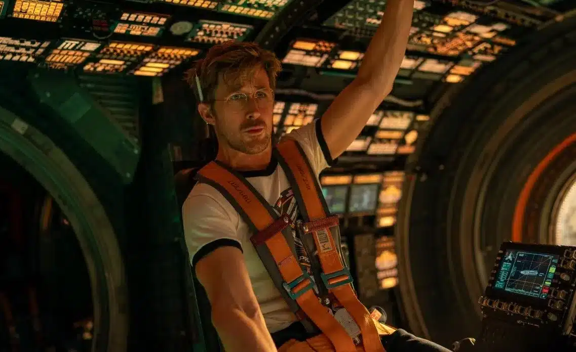 Ryan Gosling as Ryland Grace in Project Hail Mary movie scene inside spacecraft with futuristic space visuals