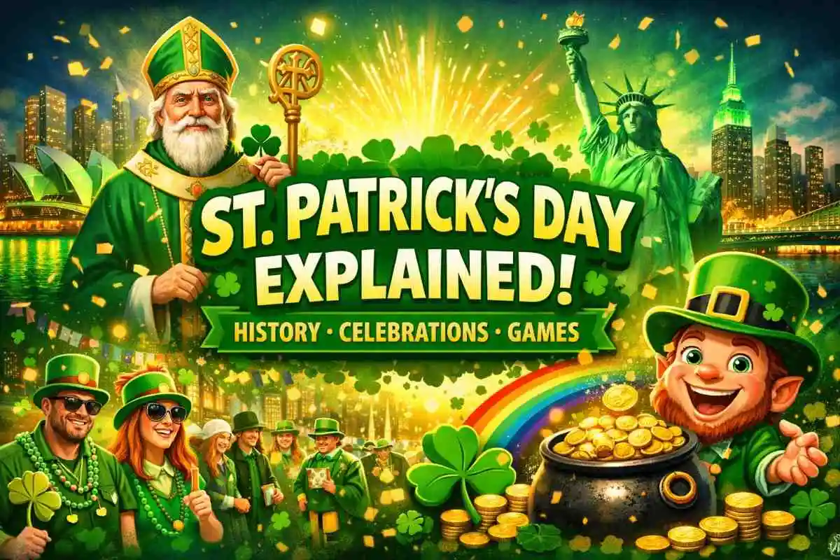 Colorful St. Patrick’s Day illustration showing Saint Patrick, green-themed celebrations, global landmarks like Sydney Opera House and Statue of Liberty, leprechaun with gold pot, and festive parade scene