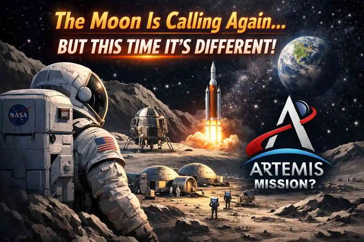 Astronaut standing on lunar surface near futuristic Moon base and Artemis rocket launch, representing NASA Artemis Mission and humanity’s return to the Moon for long-term space exploration and colonization