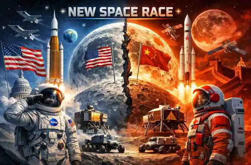 New space race between NASA’s Artemis mission and China’s lunar program showing astronauts, rockets, and Moon base competition for dominance in space exploration.