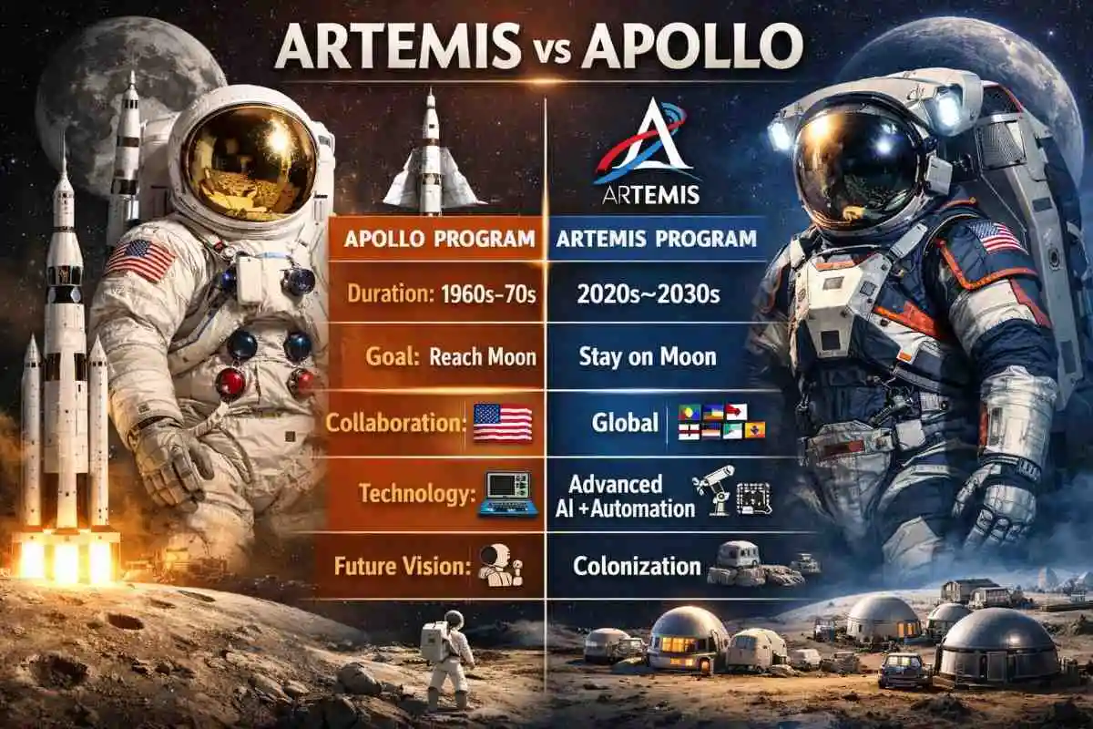 Infographic comparing NASA’s Apollo program and Artemis mission, highlighting differences in duration, goals, collaboration, technology, and future lunar colonization plans.