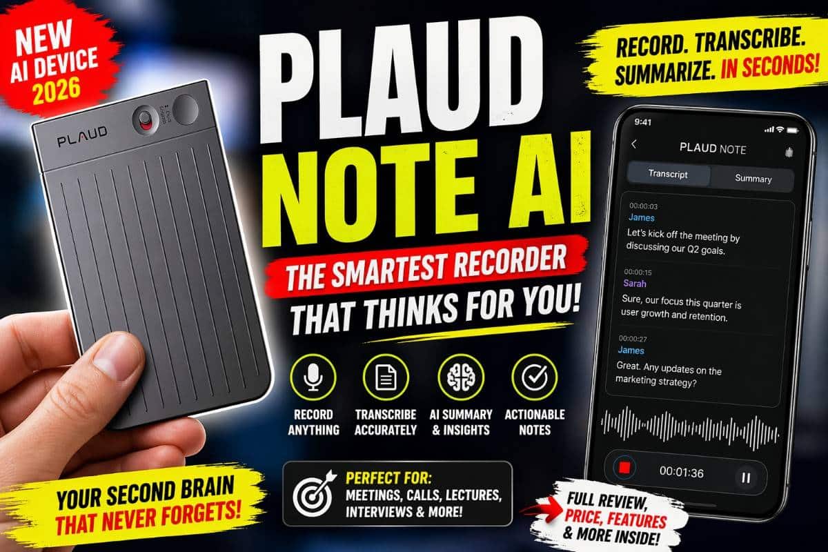 Plaud Note AI smart recorder device with bold text showing future of note taking
